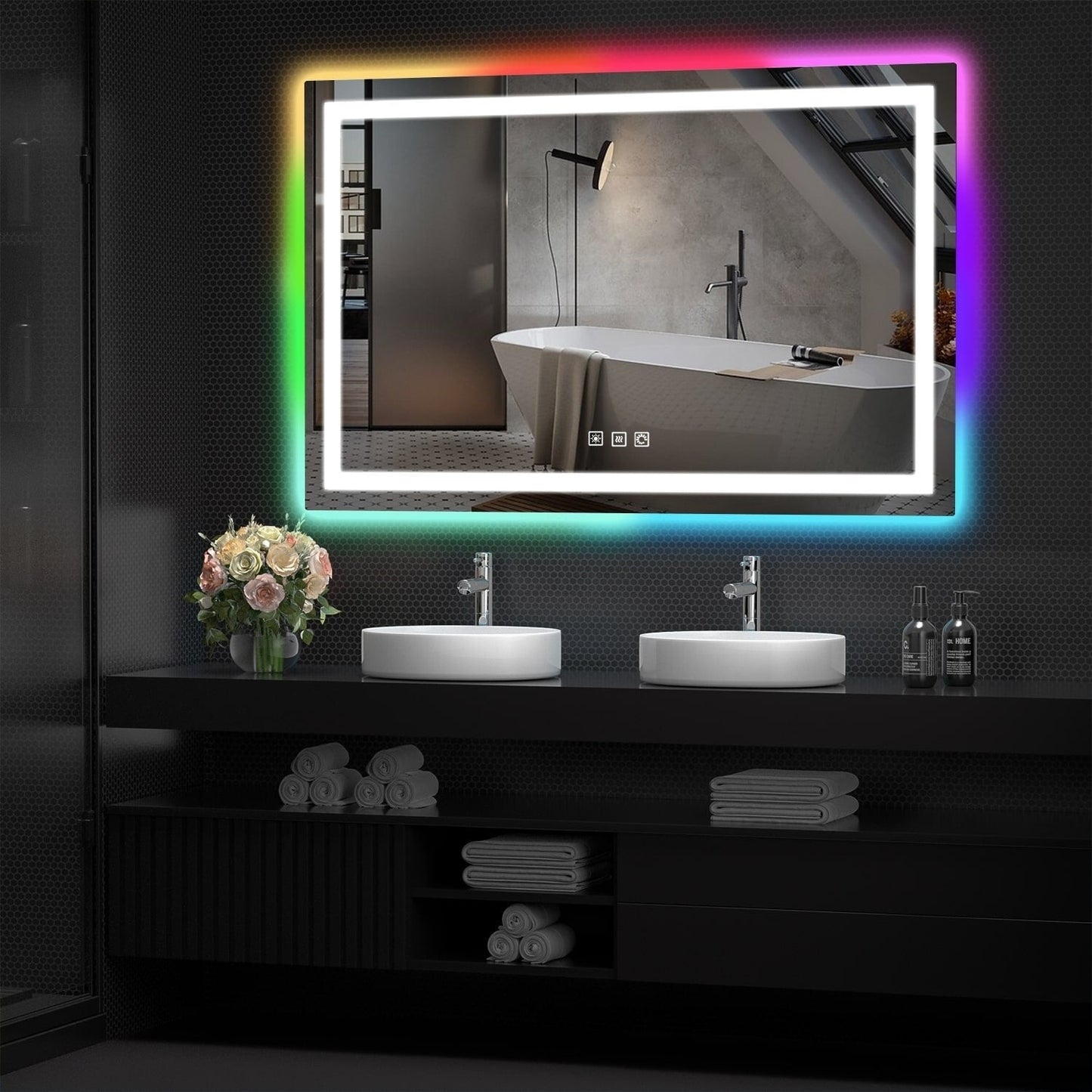 Miroir de salle de bain antibuée rétroéclairé RVB et à éclairage frontal LED