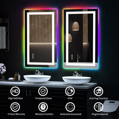 Miroir de salle de bain antibuée rétroéclairé RVB et à éclairage frontal LED