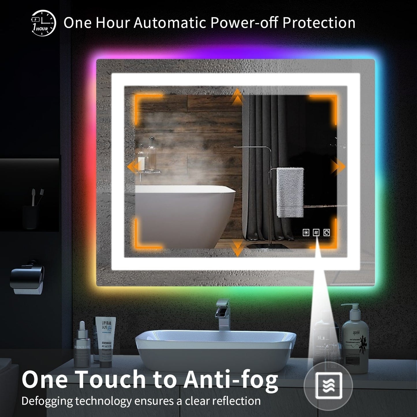 Miroir de salle de bain antibuée rétroéclairé RVB et à éclairage frontal LED