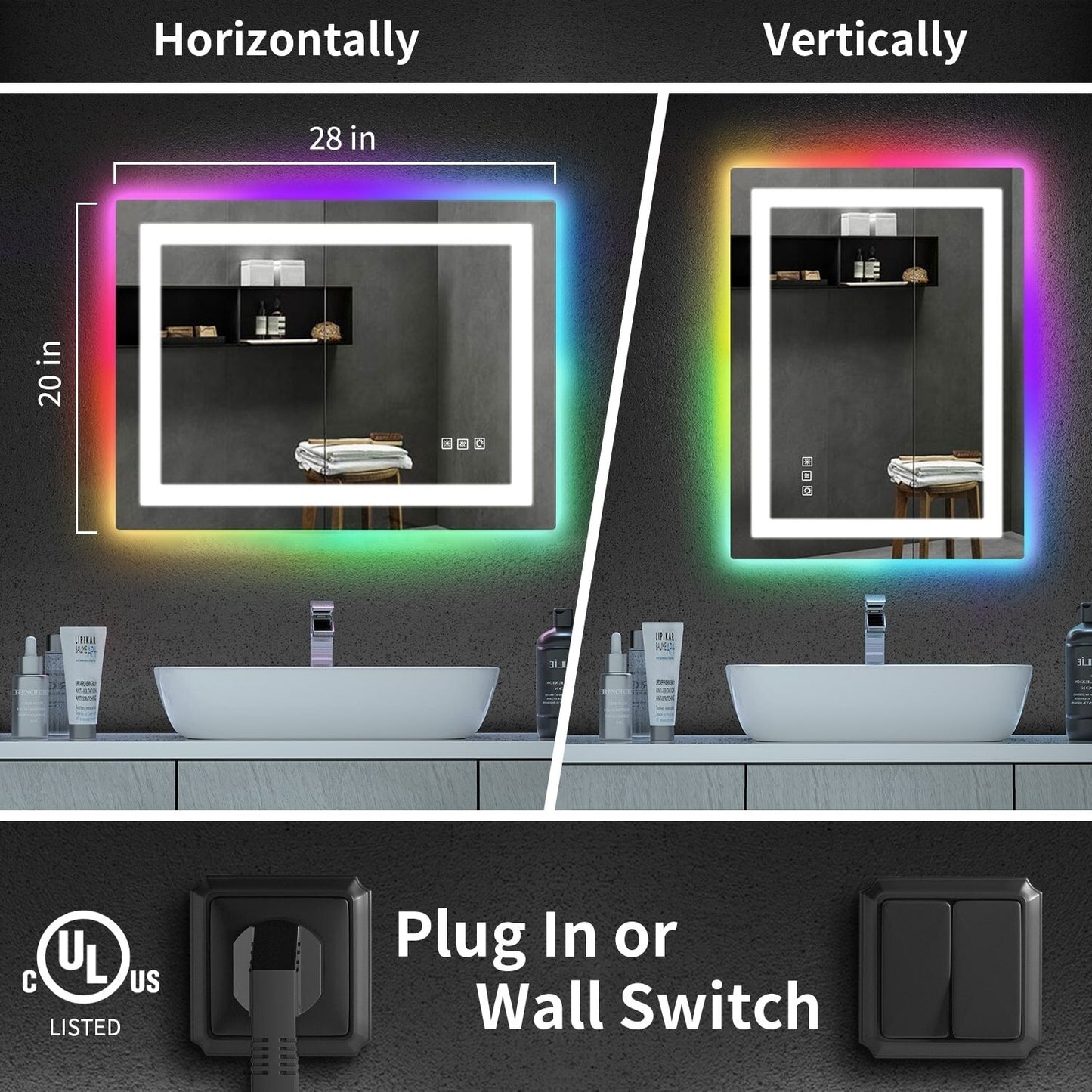 Miroir de salle de bain antibuée rétroéclairé RVB et à éclairage frontal LED