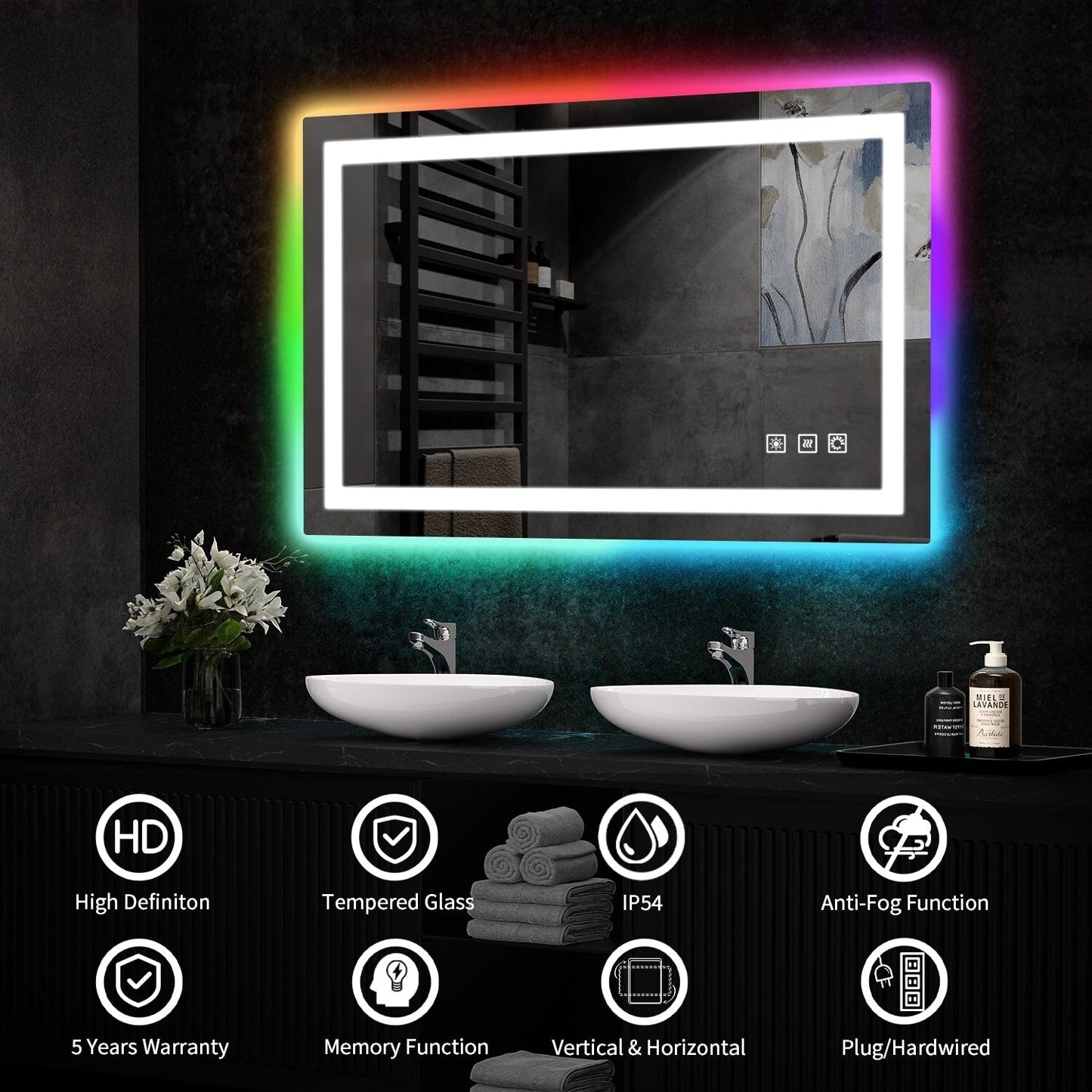 Miroir de salle de bain antibuée rétroéclairé RVB et à éclairage frontal LED
