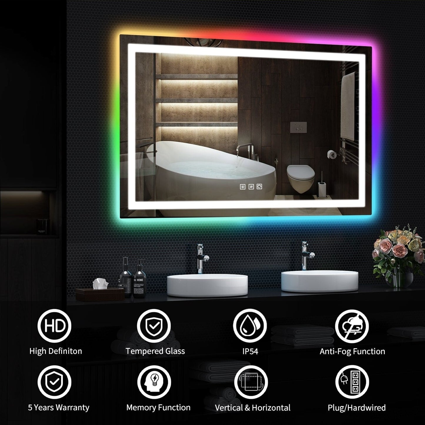 Miroir de salle de bain antibuée rétroéclairé RVB et à éclairage frontal LED