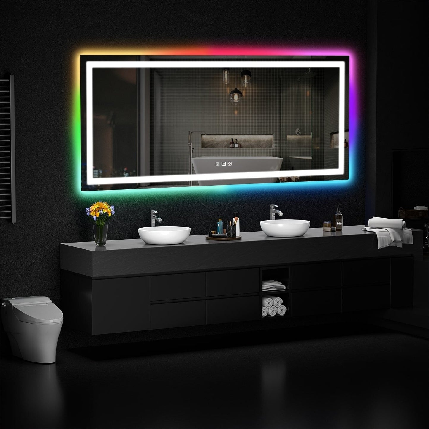 Miroir de salle de bain antibuée rétroéclairé RVB et à éclairage frontal LED