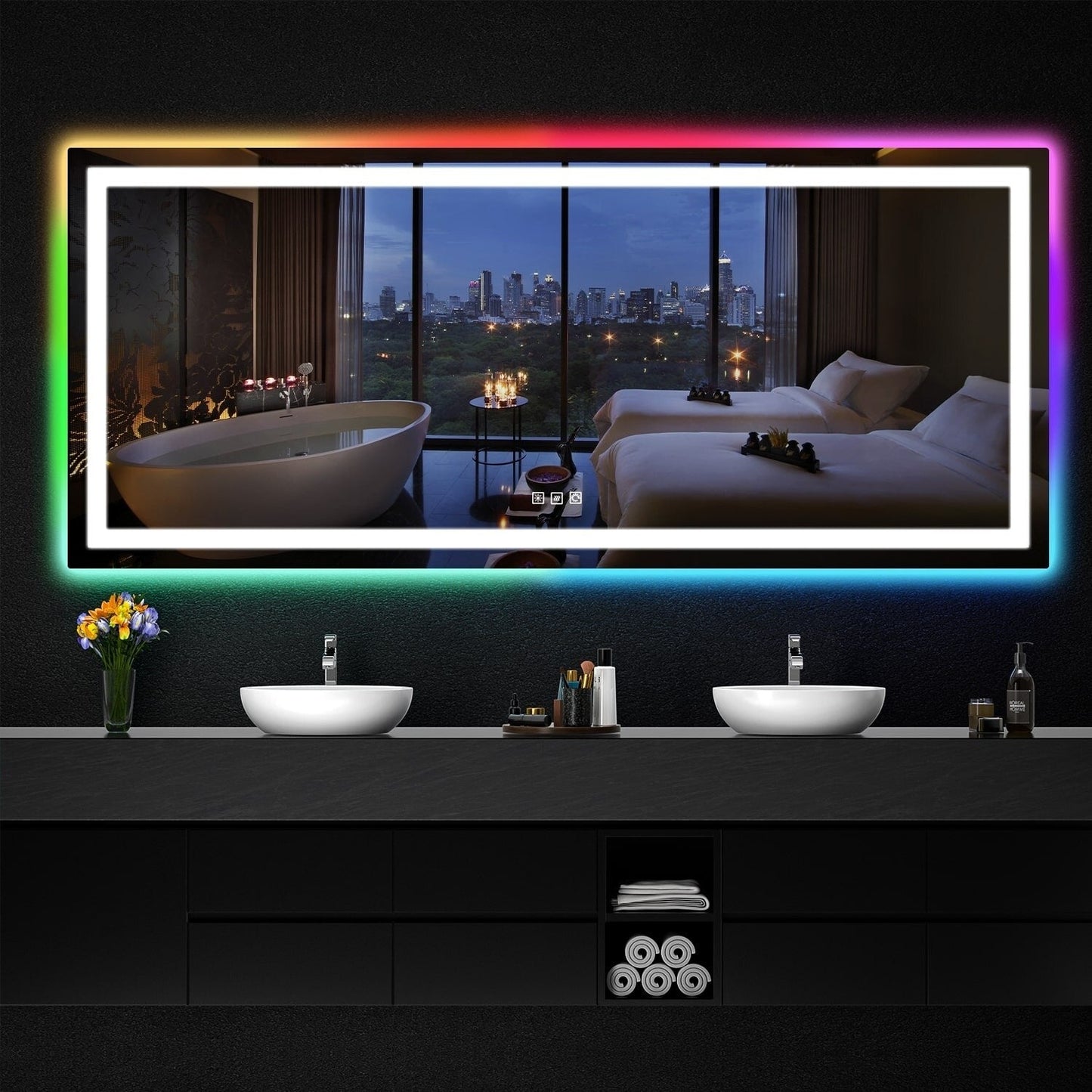 Miroir de salle de bain antibuée rétroéclairé RVB et à éclairage frontal LED