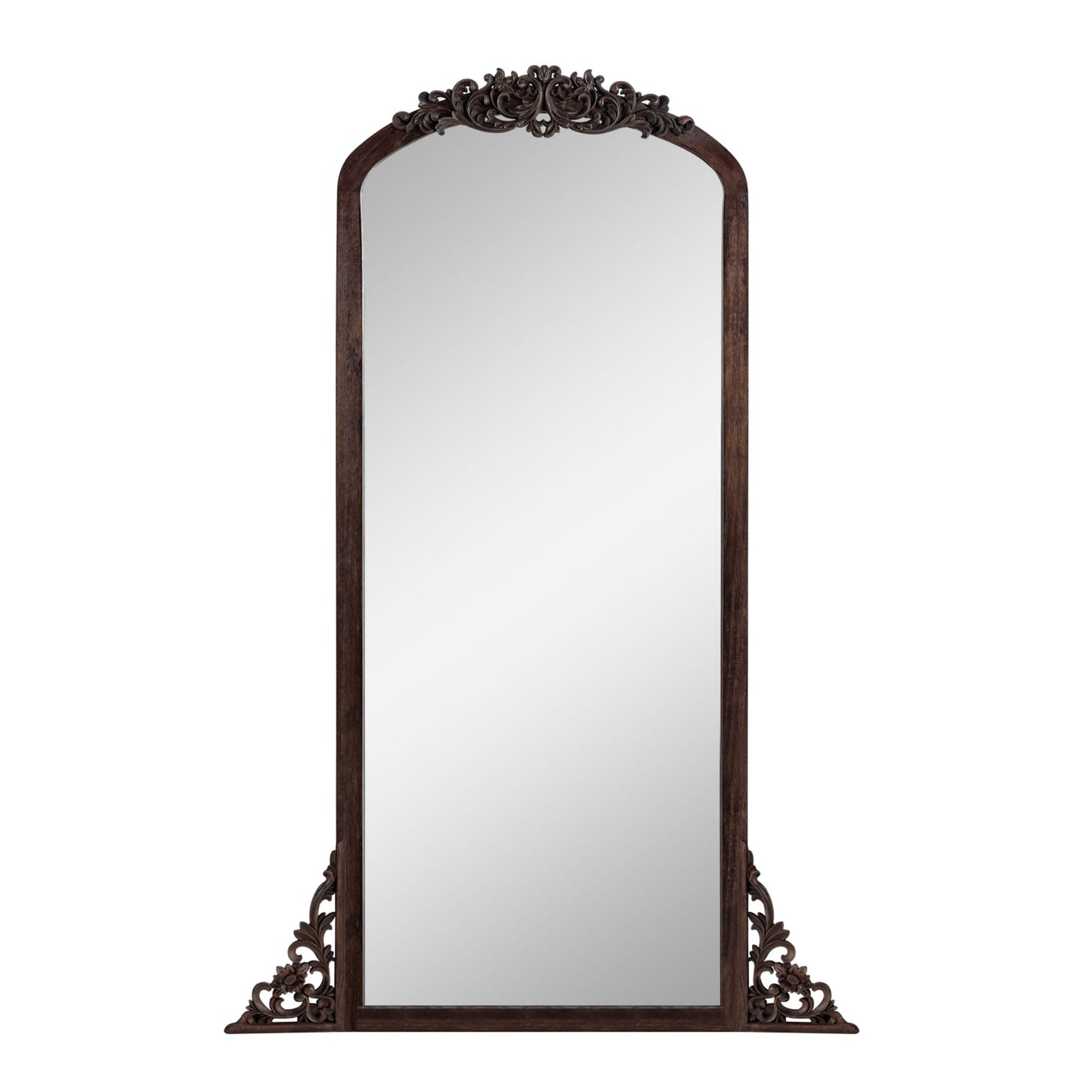 Miroir de sol sculpté en bois massif de forme arquée sur toute la longueur