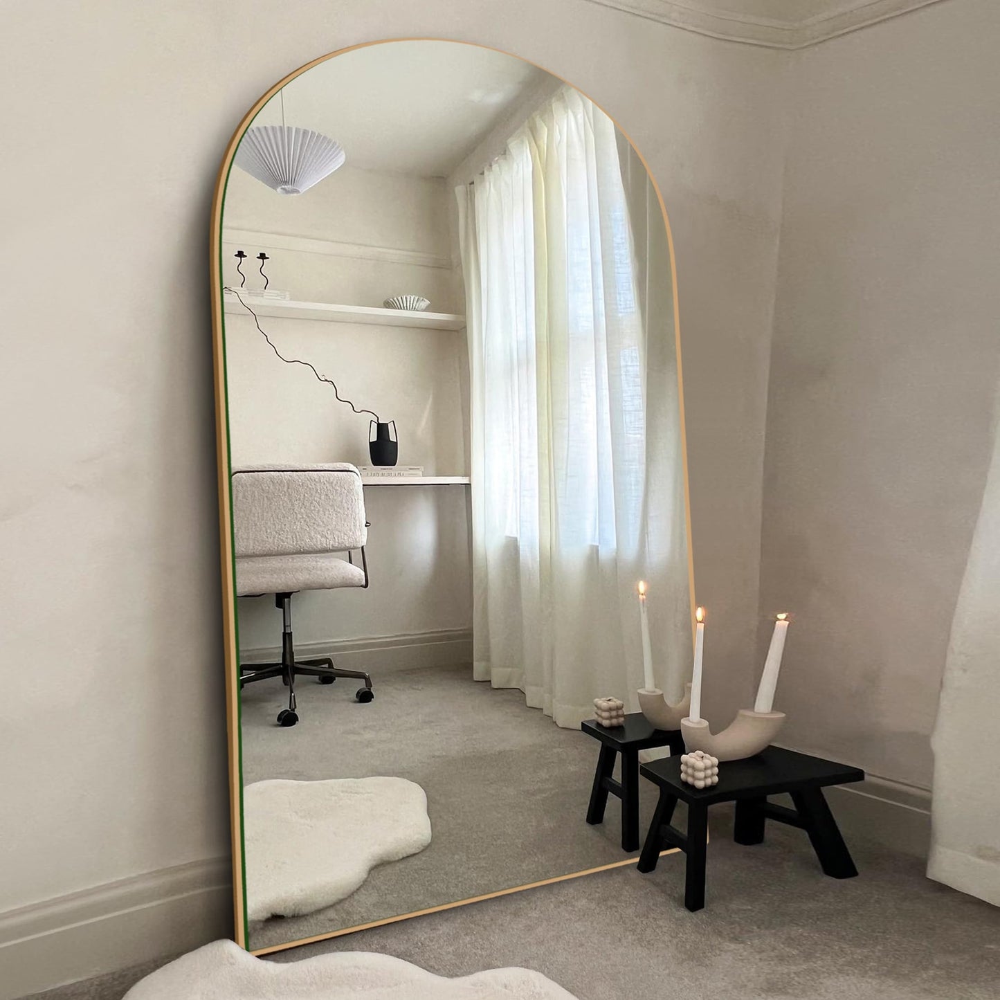 Miroir de sol en bois arqué pleine longueur, miroir mural