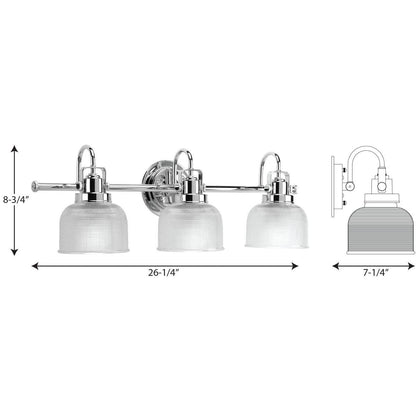 Luminaire de salle de bain côtier à trois lumières, collection Archie, en chrome poli, verre prismatique double transparent - 8,75 x 26,25 x 7,25