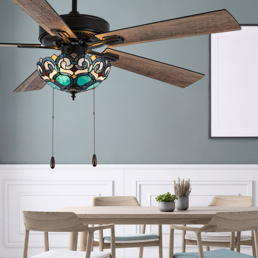 Ventilateur de plafond Astrid River of Goods, 3 lumières, 52 pouces, bronze huilé multicolore et vitrail - 52 x 52 x 14,75/19,75