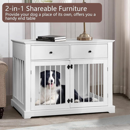 Cage pour chien Bossin de 111 cm de large, table d'appoint en bois avec tiroirs de rangement, niche décorative pour animaux de compagnie.