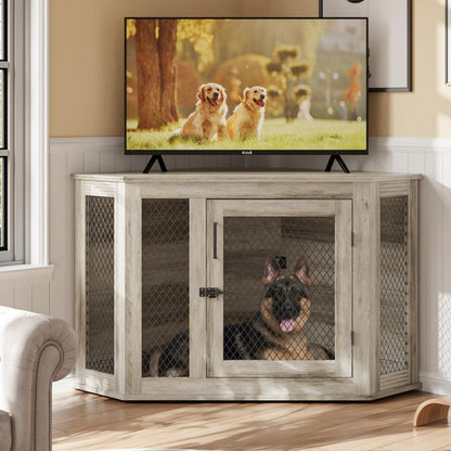 Niche d'angle pour chien Bossin, niche en bois de 44/52 pouces avec filet, niche décorative en bois pour chien, idéale pour l'intérieur