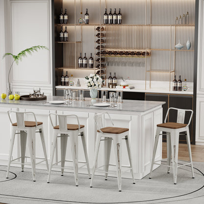 Lot de 4 tabourets de bar industriels en métal avec dossier et assise en bois