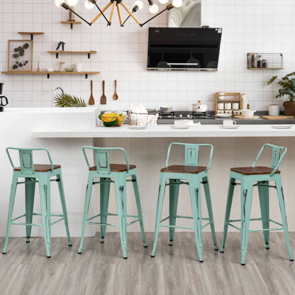 Lot de 4 tabourets de bar industriels en métal avec dossier et assise en bois