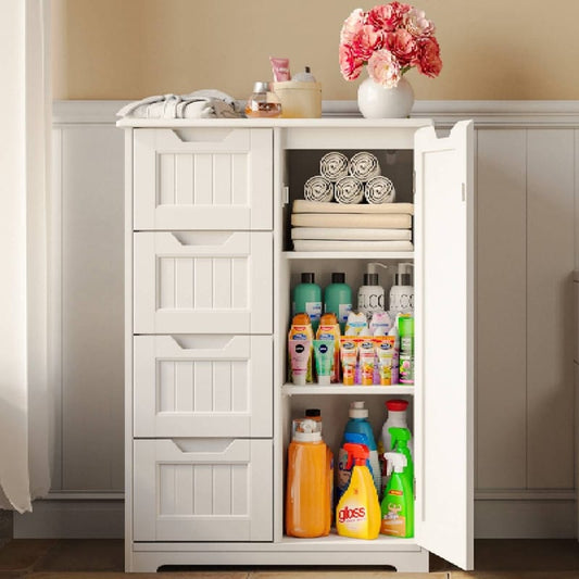 Meuble de rangement de salle de bain, meuble de rangement sur pied indépendant avec 4 tiroirs et étagère réglable