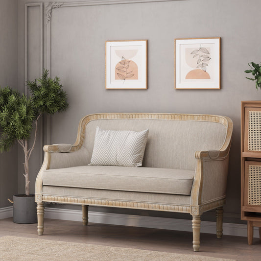 Canapé causeuse en bois beige et brun avec cadre en bois d'hévéa