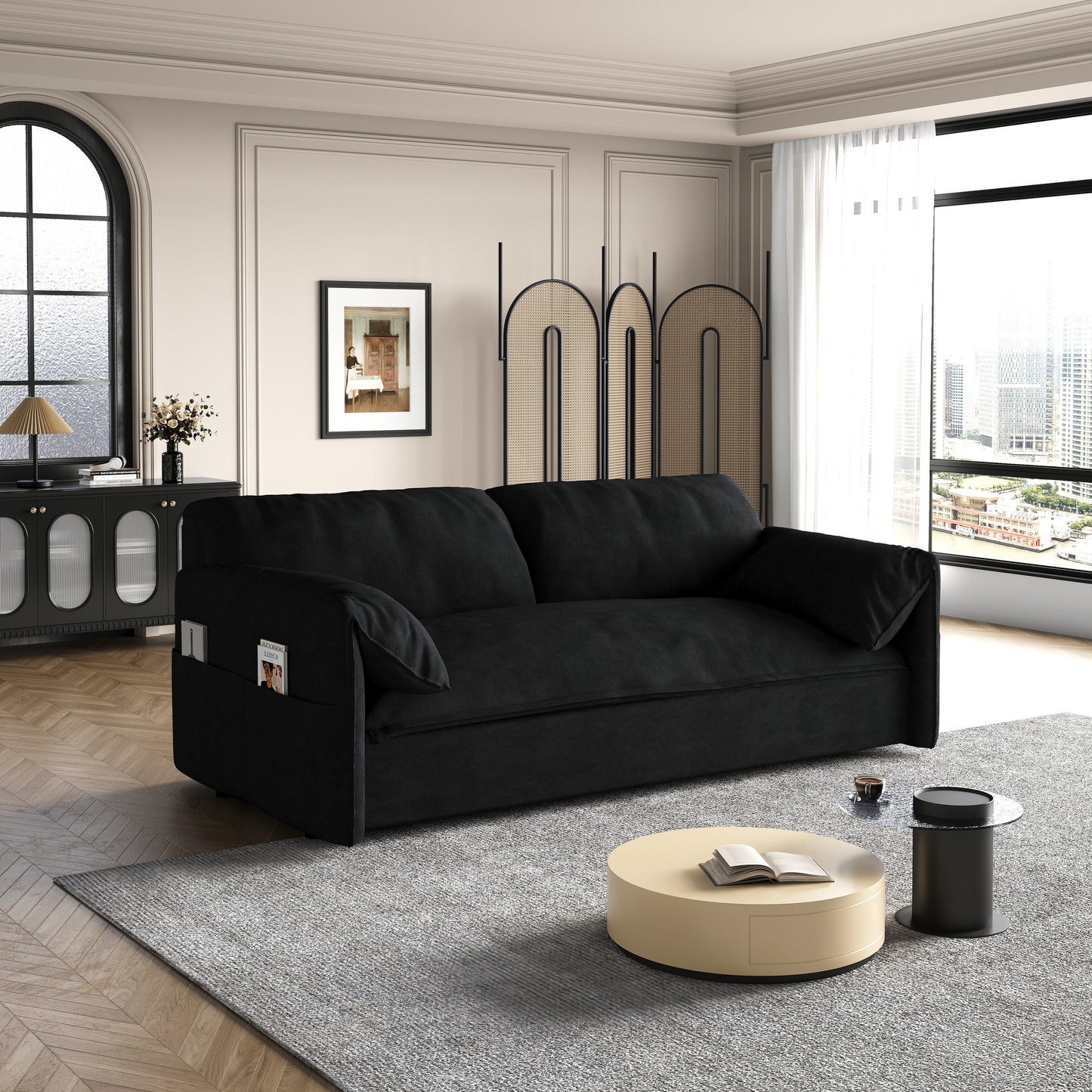 Canapé-lit gigogne 3-en-1 en velours noir 63,8 avec rangement latéral pour le salon