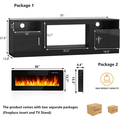 Meuble TV Bossin 70 avec cheminée électrique de 36 pouces, meuble TV pour téléviseurs jusqu'à 80 pouces, éclairage LED 16 couleurs/centre de divertissement