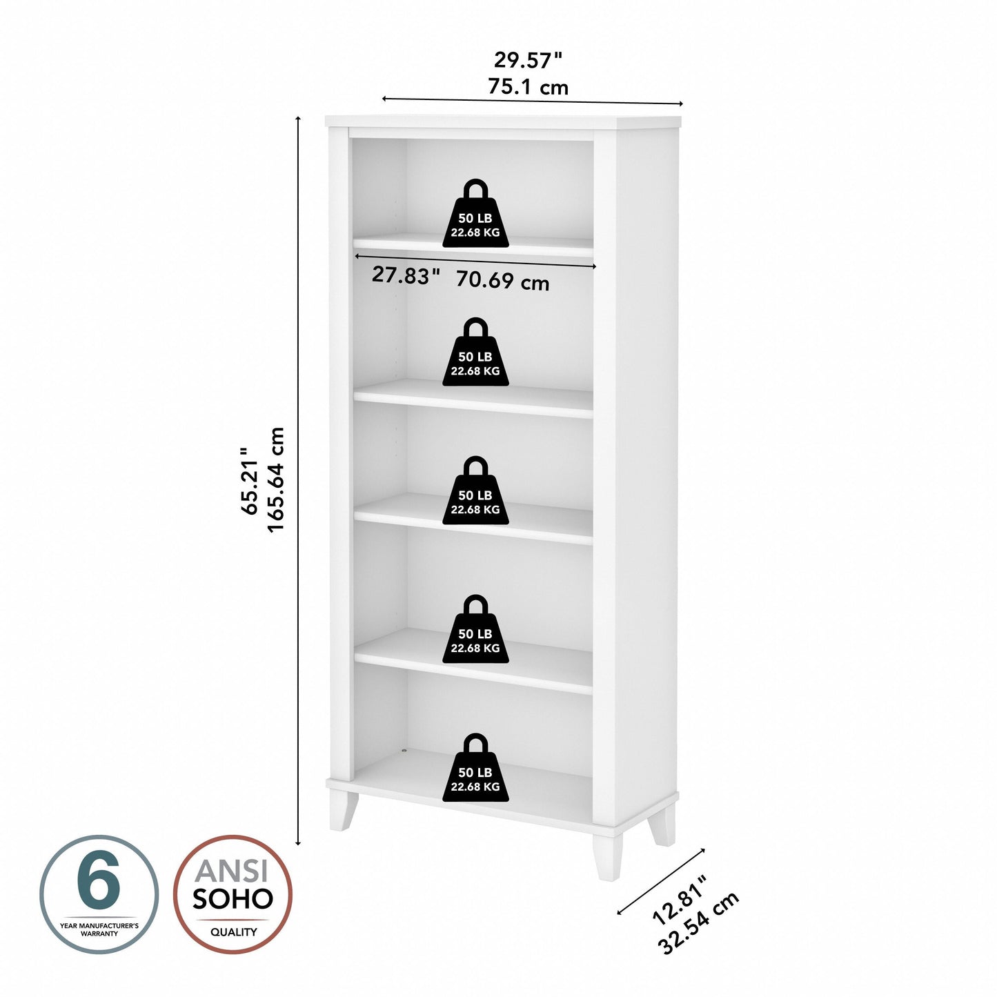 Bibliothèque haute à 5 étagères Bush Furniture Somerset avec tablettes réglables