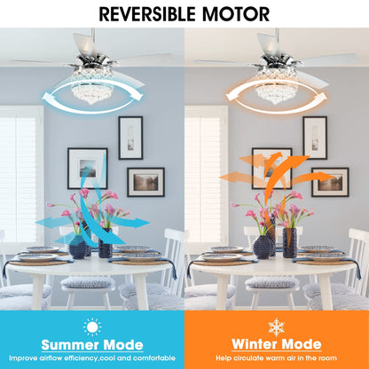 Lustre/ventilateur de plafond à 4 lumières en chrome/cristal avec télécommande