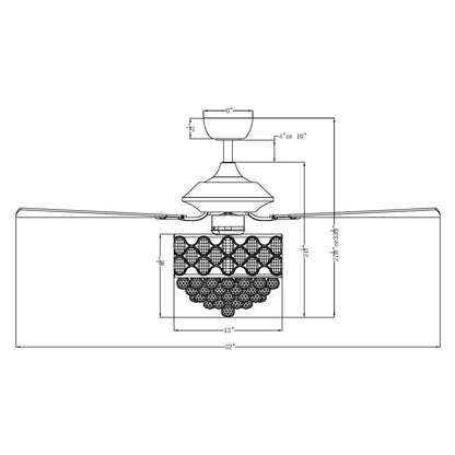 Lustre/ventilateur de plafond à 4 lumières en chrome/cristal avec télécommande