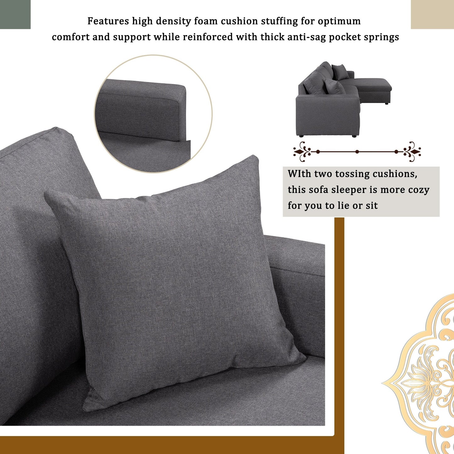 Canapé convertible en L avec lit gigogne et espace de rangement, 2 coussins d'appoint