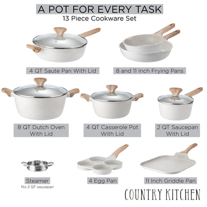 Batterie de cuisine à induction Country Kitchen 13 pièces, casseroles et poêles en fonte d'aluminium avec poignées en bakélite