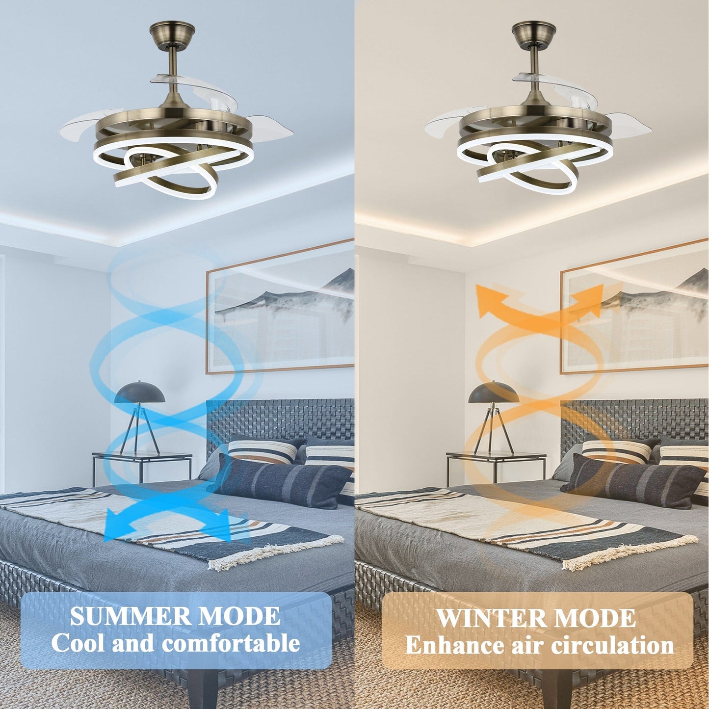 Ventilateur de plafond rétractable Cusp Barn 42 avec lumières et télécommande DIY Forme Fandelier Moderne Silencieux Moteur CC Plafonnier LED