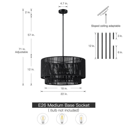 Lustre tambour en rotin noir à 4 lumières Cynthia - 22 po de largeur
