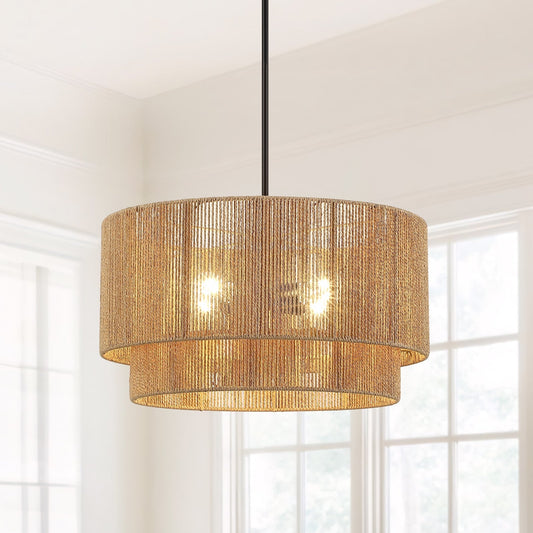 Lustre tambour en rotin naturel à 4 lumières Cynthia - 22 po de largeur
