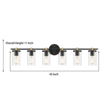 Applique murale de salle de bain Decatur à 6 lumières, style ferme moderne, noir/doré, certifiée UL