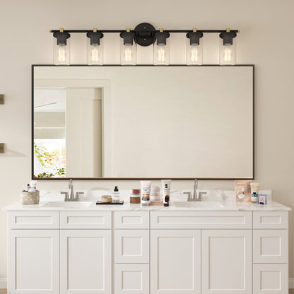 Applique murale de salle de bain Decatur à 6 lumières, style ferme moderne, noir/doré, certifiée UL