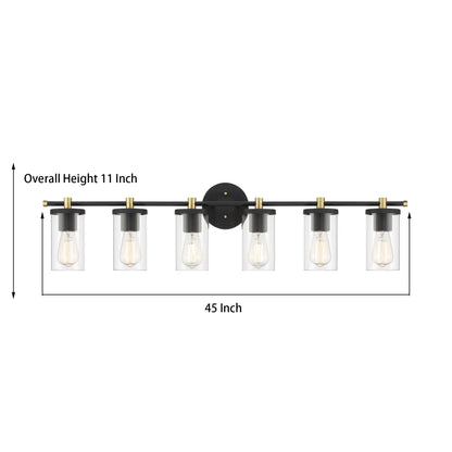Applique murale de salle de bain Decatur à 6 lumières, style ferme moderne, noir/doré, certifiée UL