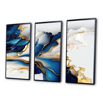 Impression sur toile encadrée Designart, motif géométrique moderne, forme géométrique abstraite, marbre doré et bleu III - 3 panneaux