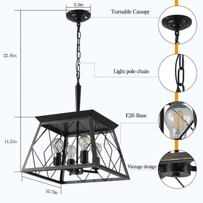 Lustre de style ferme à 4 lumières à intensité variable pour salle à manger, sans ampoule