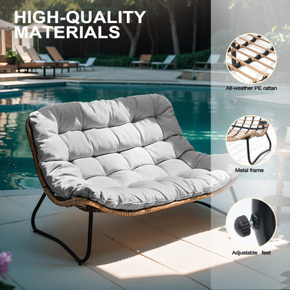Fauteuil Papasan double avec coussin, rotin PE toutes saisons et cadre en métal pour intérieur et extérieur