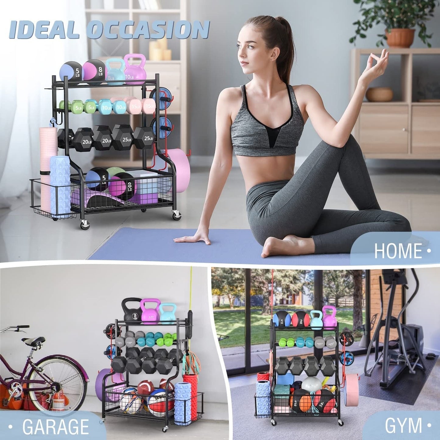 Support d'haltères, support de poids, rangement pour tapis et ballons de yoga, organiseur d'équipement