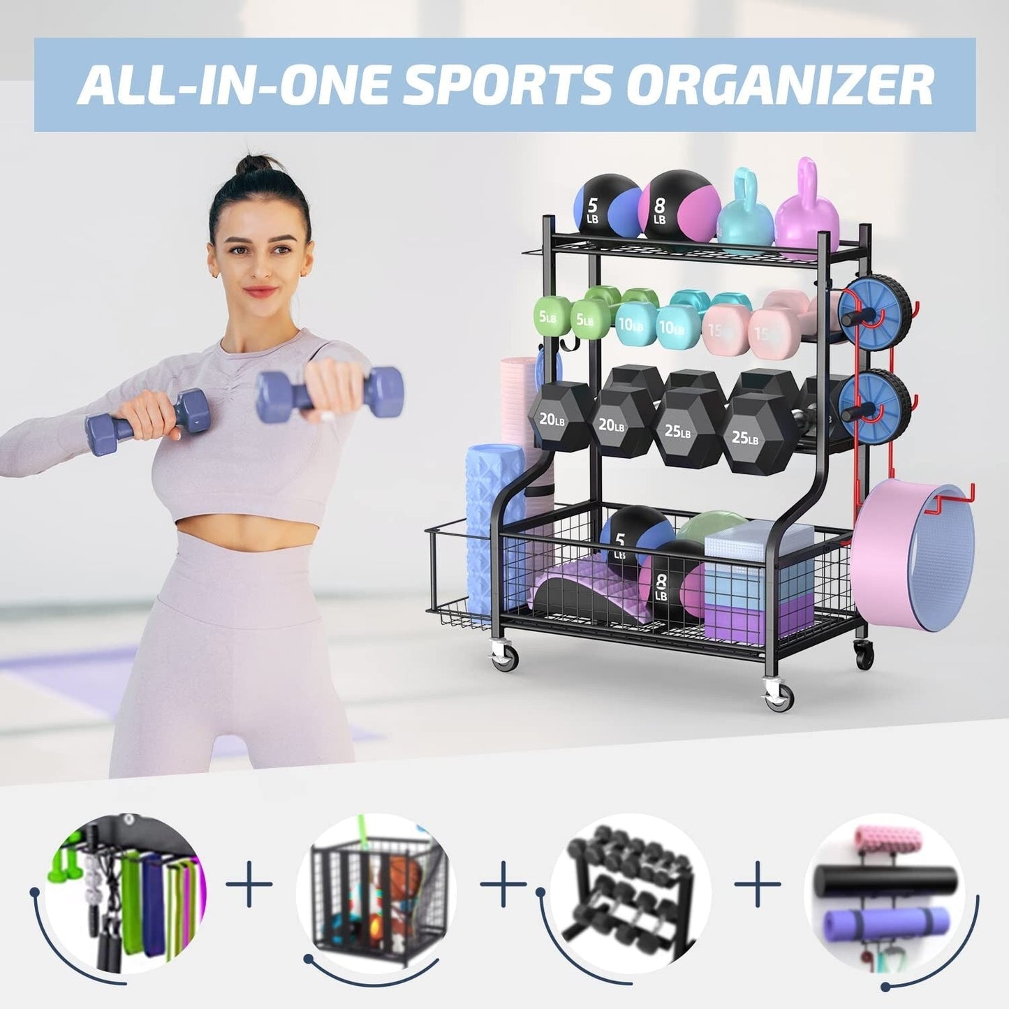 Support d'haltères, support de poids, rangement pour tapis et ballons de yoga, organiseur d'équipement