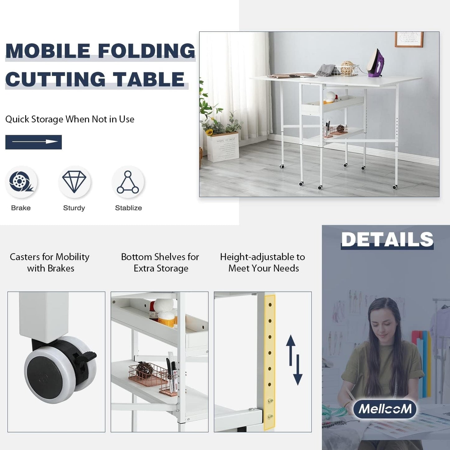 Table de bricolage réglable en hauteur avec étagères de rangement, table de découpe pliante mobile pour la maison, le bureau, la salle de couture, la salle d'artisanat