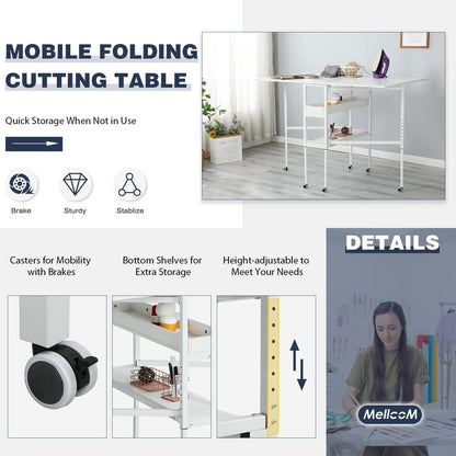 Table de bricolage réglable en hauteur avec étagères de rangement, table de découpe pliante mobile pour la maison, le bureau, la salle de couture, la salle d'artisanat