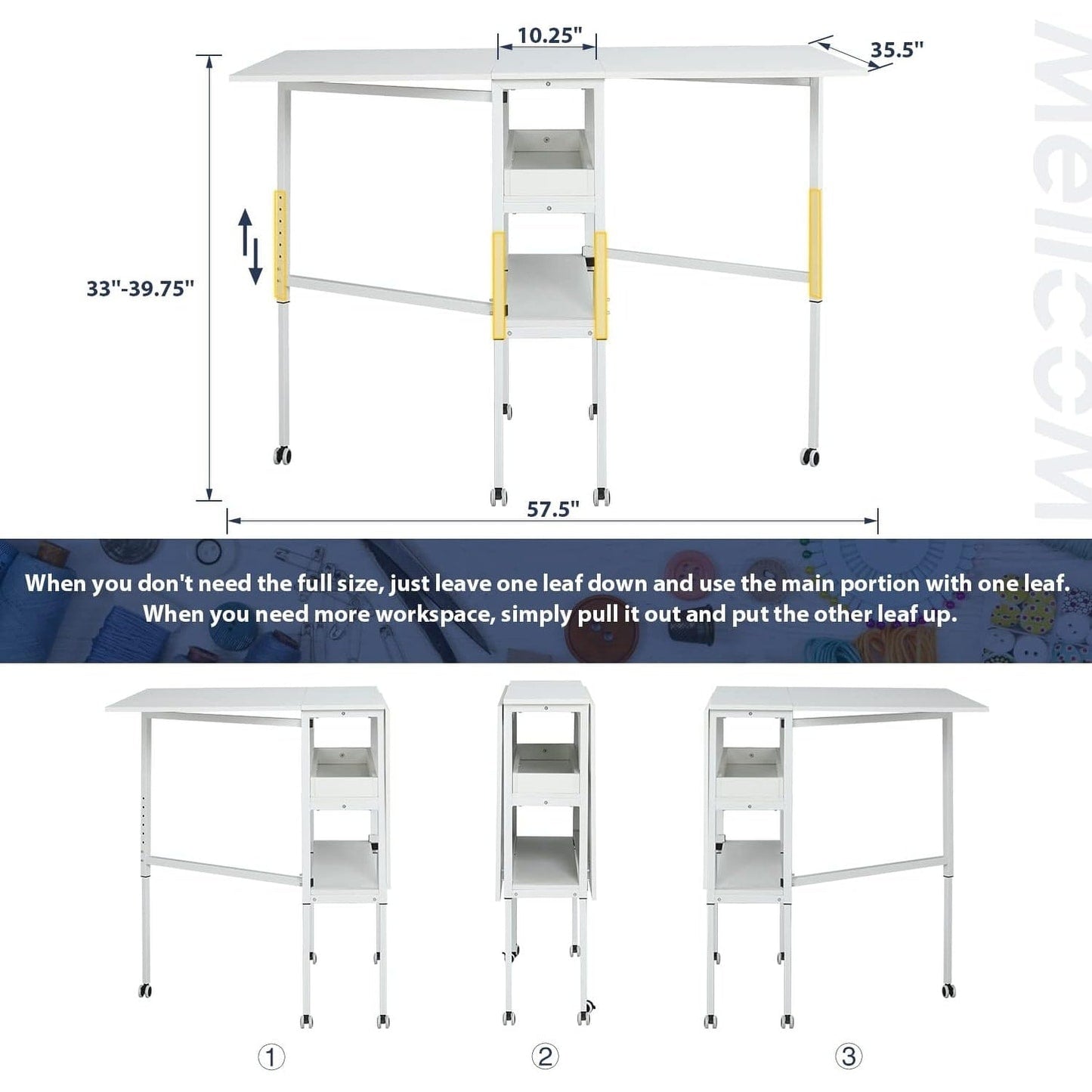 Table de bricolage réglable en hauteur avec étagères de rangement, table de découpe pliante mobile pour la maison, le bureau, la salle de couture, la salle d'artisanat