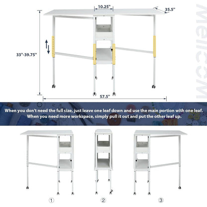 Table de bricolage réglable en hauteur avec étagères de rangement, table de découpe pliante mobile pour la maison, le bureau, la salle de couture, la salle d'artisanat