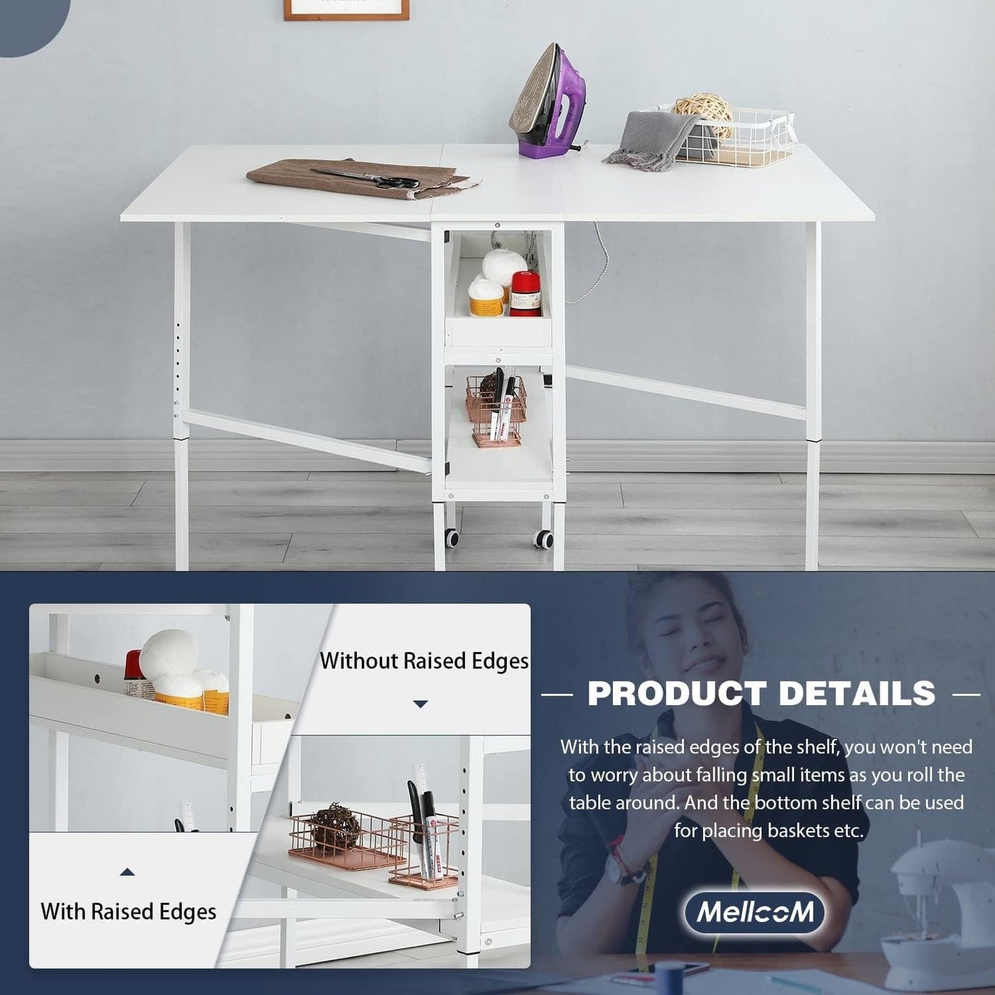 Table de bricolage réglable en hauteur avec étagères de rangement, table de découpe pliante mobile pour la maison, le bureau, la salle de couture, la salle d'artisanat
