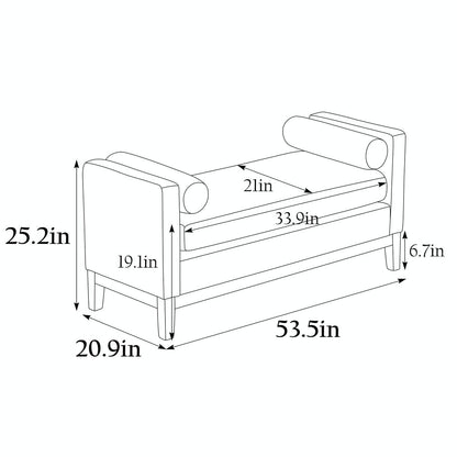 Élégant banc ottoman rembourré de 53,5 pouces avec pieds en bois et coussins traversins