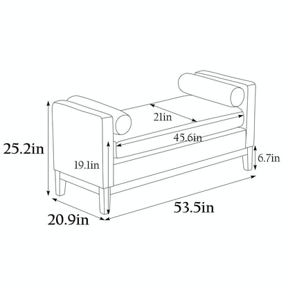 Élégant banc ottoman rembourré de 53,5 pouces avec pieds en bois et coussins traversins