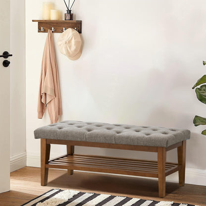 Banc à chaussures d'entrée, banc de rangement en tissu et bois massif, banc rembourré de 43 pouces pour salon et chambres