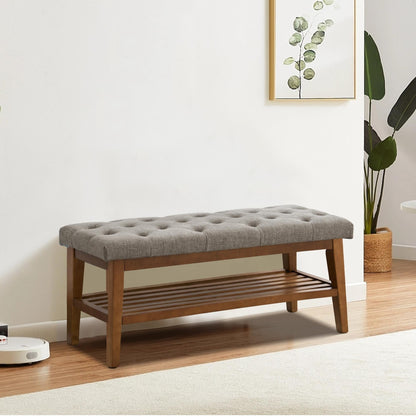 Banc à chaussures d'entrée, banc de rangement en tissu et bois massif, banc rembourré de 43 pouces pour salon et chambres