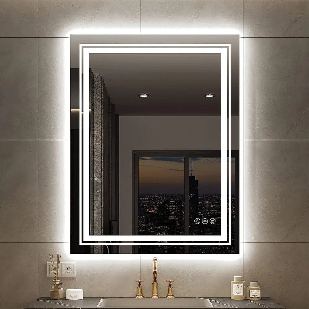 Miroir de salle de bain extra large avec éclairage LED, antibuée, 3 couleurs