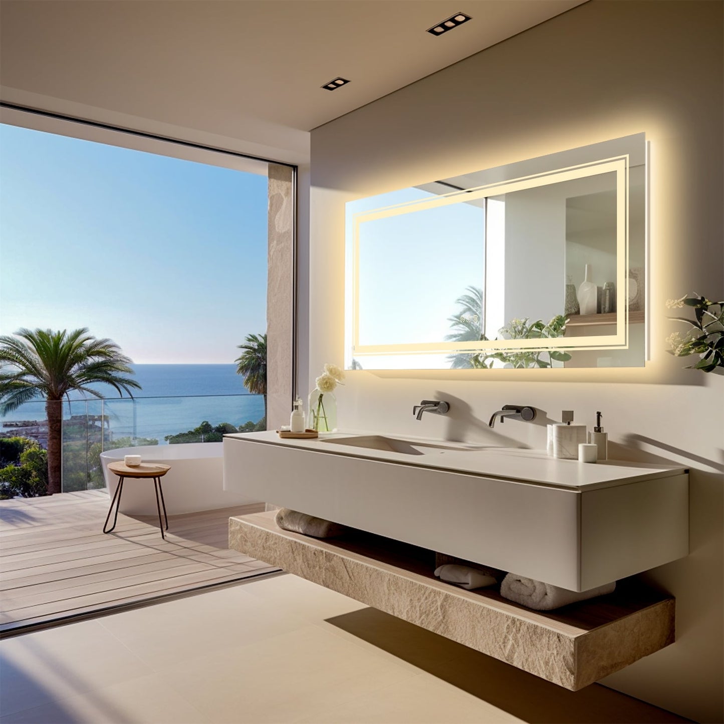 Miroir de salle de bain extra large avec éclairage LED, antibuée, 3 couleurs