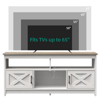 Meuble TV Farmhouse pouvant accueillir jusqu'à 65 téléviseurs avec portes et étagères ouvertes Console multimédia Prise de courant