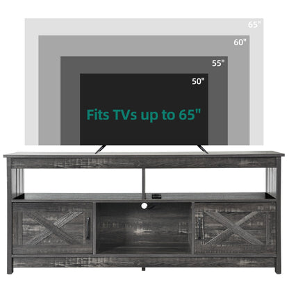 Meuble TV Farmhouse pouvant accueillir jusqu'à 65 téléviseurs avec portes et étagères ouvertes Console multimédia Prise de courant