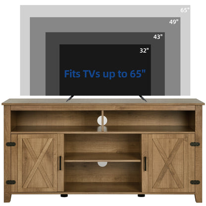 Meuble TV Farmhouse pouvant accueillir jusqu'à 65 téléviseurs avec portes et étagères ouvertes Console multimédia Prise de courant